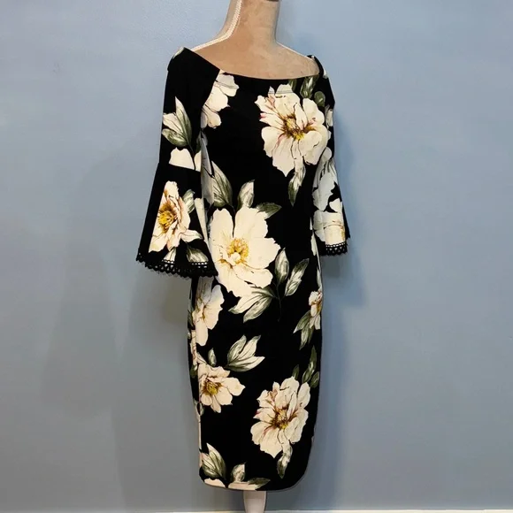 Premier Amour Chic Black Floral Midi Dress with Bell Sleeves Size 6 - Picture 5 of 13